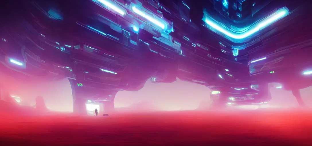 Image similar to view from the desert ground fire night stars of futuristic mechanical blade runner cyberpunk mothership, colored fog, neon, light rays, symmetry, cinematic lighting, ultra detailed, sharp, ambient occlusion, bloom, raytracing, by greg rutowski, paul chadeisson and jessica rossier