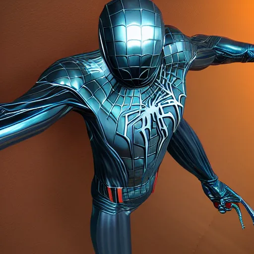 Prompt: metallic spider - man suit, cinematic, volumetric lighting, realistic, hyperdetailed, photorealistic, photograph