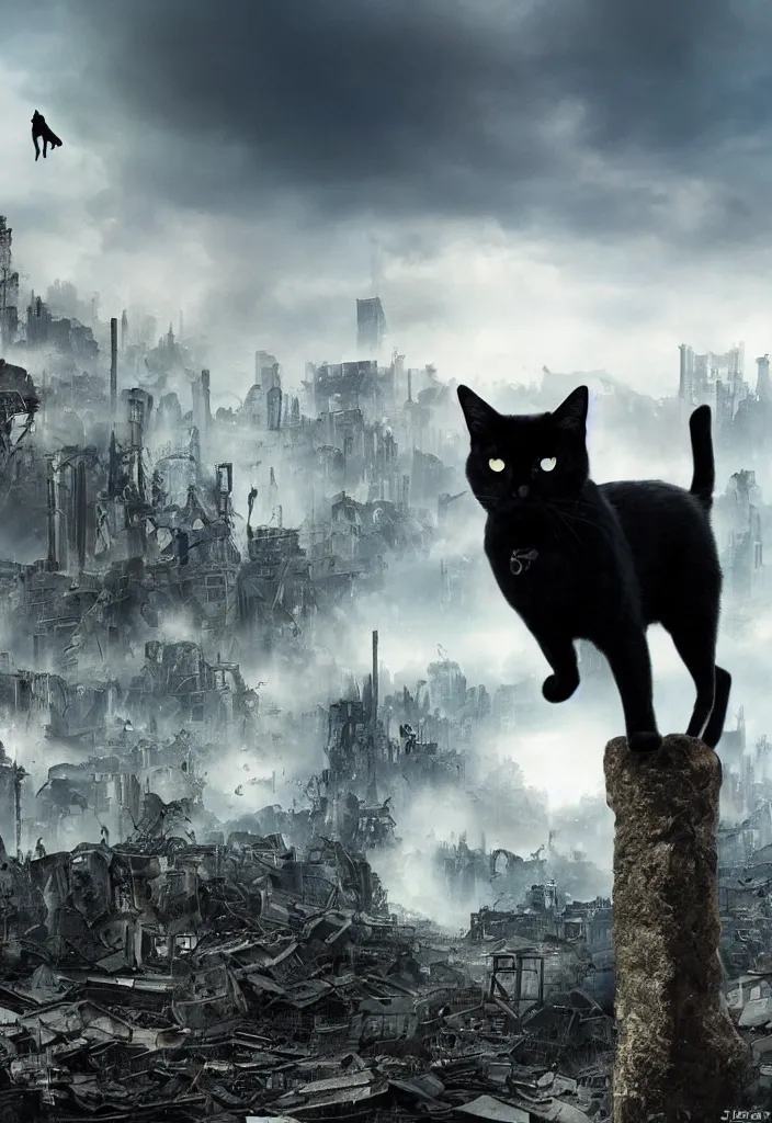 Image similar to One black cat standing on a rock, in the background is a destroyed dystopian city with mist, steampunk, digital art, very detailed, movie poster made by drew struzan, realistic