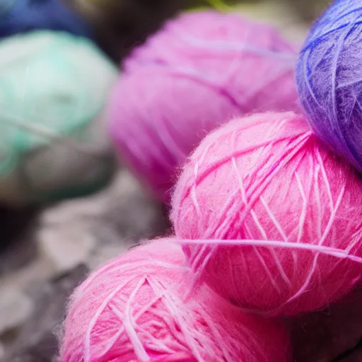 Image similar to hairy colorful balls of yarn in the shape of a halite, 35mm, f1.4, bokeh