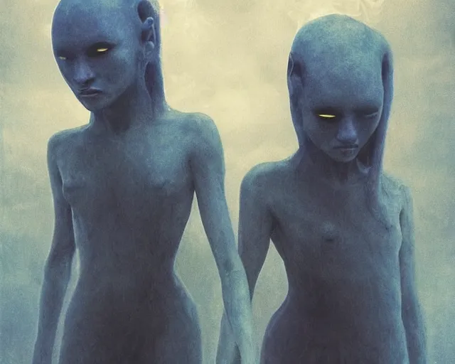 Image similar to twin sisters from another dimension, intimidating, frightening, nightmare, singularity, sharp focus, blue, by Kurosawa, epic tale of the twin sisters, by Beksinski, medieval, transhumanist dancing, god rays, lens flares, dramatic lighting, volumetric lighting, unreal engine