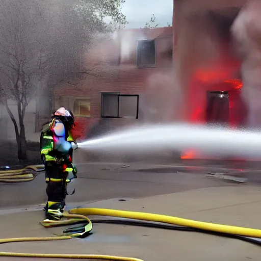 Prompt: Firefighters spraying firehose shaped flamethrower on to a flaming building