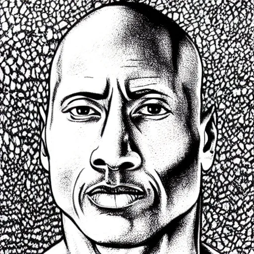 Prompt: dwayne johnson, pen and ink, stippling