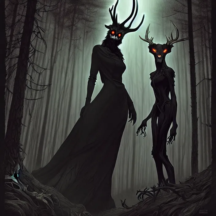 Prompt: style artgerm, joshua middleton, diego fazio, marc simonetti : : scary wendigo with antlers and skull face mixed with werewolf : : [ [ beautiful witch wearing a black dress, symmetrical face, on the right side ] ] : : in the forest, detailed, dark and foggy, cinematic lighting