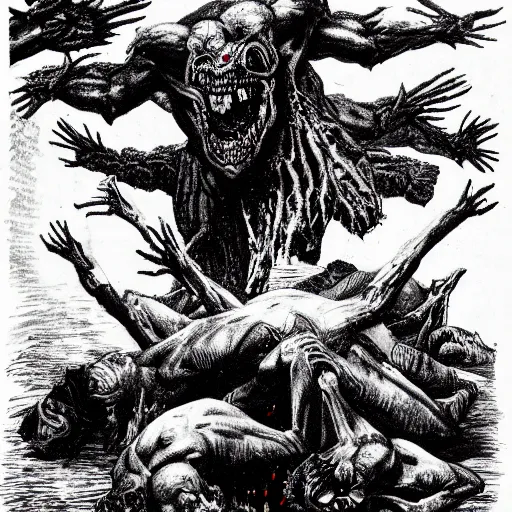 Image similar to demon eating man flesh on a huge pile of dead bloody bodies, rivers of blood running down, black ground, black sky, red sun