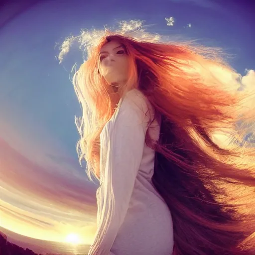 Image similar to Selfie of a beautiful woman with gorgeous flowy hair, standing over a cliff, beautiful volumetric lighting, subsurface scattering!!!!!!, (((((vivid))))) atmosphere, radiant sunshine, trending on artstation, 4k, 8k, artstation portrait imagery, fisheye!!!!! lens, instagram!!!!! selfie!!!!!