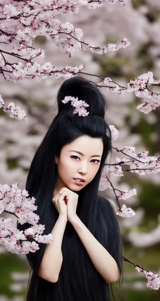 Image similar to a beautiful detailed hyperrealistic render of an attractive japanese female with long black hair covering part of her face and wearing a seifuku, standing next to a beautiful cherry blossom tree, centered, trending on gettyimages and 5 0 0 px, extreme detailing, dim dusk lighting, cinematic lighting, detailed lighting, volumetric lighting, realistic, f 8, 4 k hd wallpaper