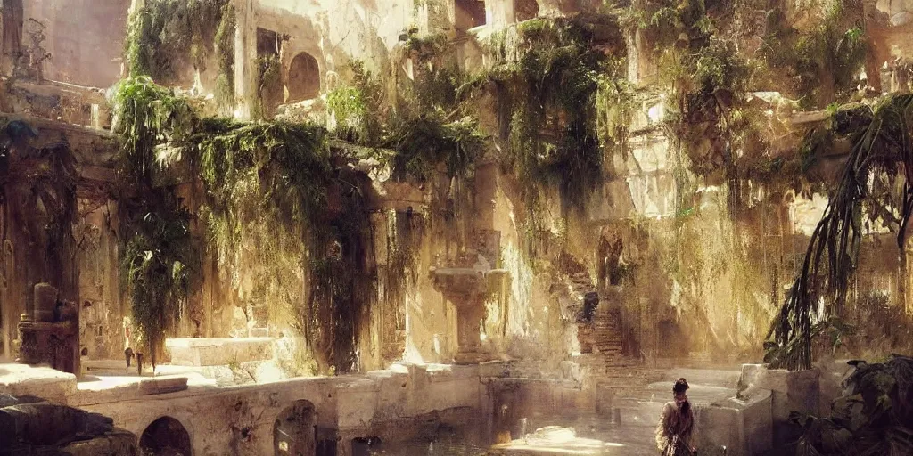 Prompt: beautiful landscape oil matte painting, of ancient hanging gardens of babylon, art by anders zorn, wonderful masterpiece by greg rutkowski, beautiful cinematic light, american romanticism, by thomas lawrence, greg rutkowski