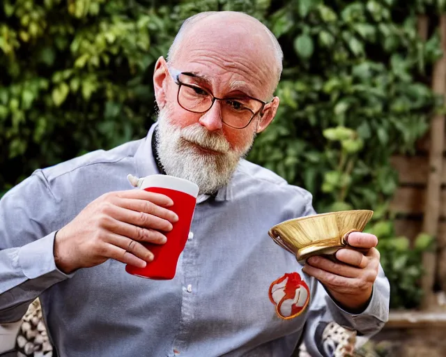 Image similar to mr robert is drinking fresh tea in a garden from spiral mug, detailed calm face, grey short beard, golden hour, red elegant shirt