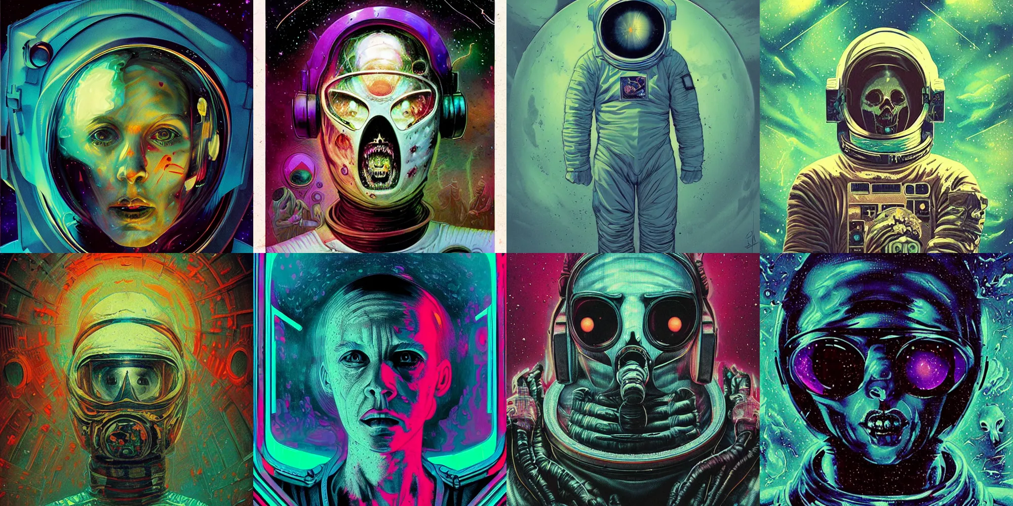 Prompt: astronaut, horror poster 9 0 s, cosmic horror, abstract, ghostly, arcade, duotone, poltergeist, lets get weird, intricate, elegant, highly detailed, digital painting, artstation, smooth, sharp focus, art by mondo, julian del rey and greg rutkowski, david la chapelle, ultraviolet colors,