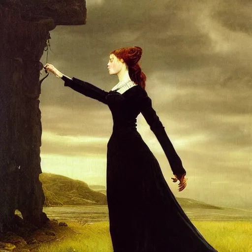 Image similar to A beautiful victorian woman, gothic dress, flowing hair, oil painting, portrait, dramatic lighting, masterpiece, painted by Caspar David Friedrich