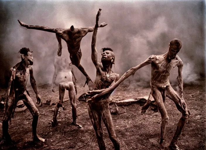 Image similar to 3 5 mm still from film by roger ballen, surreal dance scene of ritual in a picturesque outdoors setting, ashes, new guinea mud man, smoke, close - up of the actors faces, sharp, medium format 6 x 6, 1 6 k