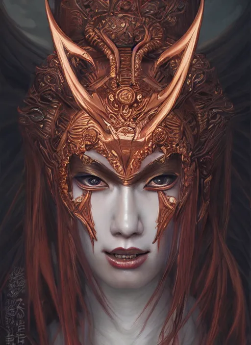 Prompt: a beautiful detailed oil on copper art illustration of a japanese kokushikijo mask devil woman, centered, by charlie bowater, zeng fanzh, trending on artstation, dim dusk lighting, cinematic lighting, detailed lighting, volumetric lighting, realistic, f 8, 4 k hd wallpaper