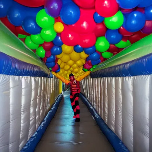 Prompt: photo of a scary clown in a infinite corridor made of bouncy castle