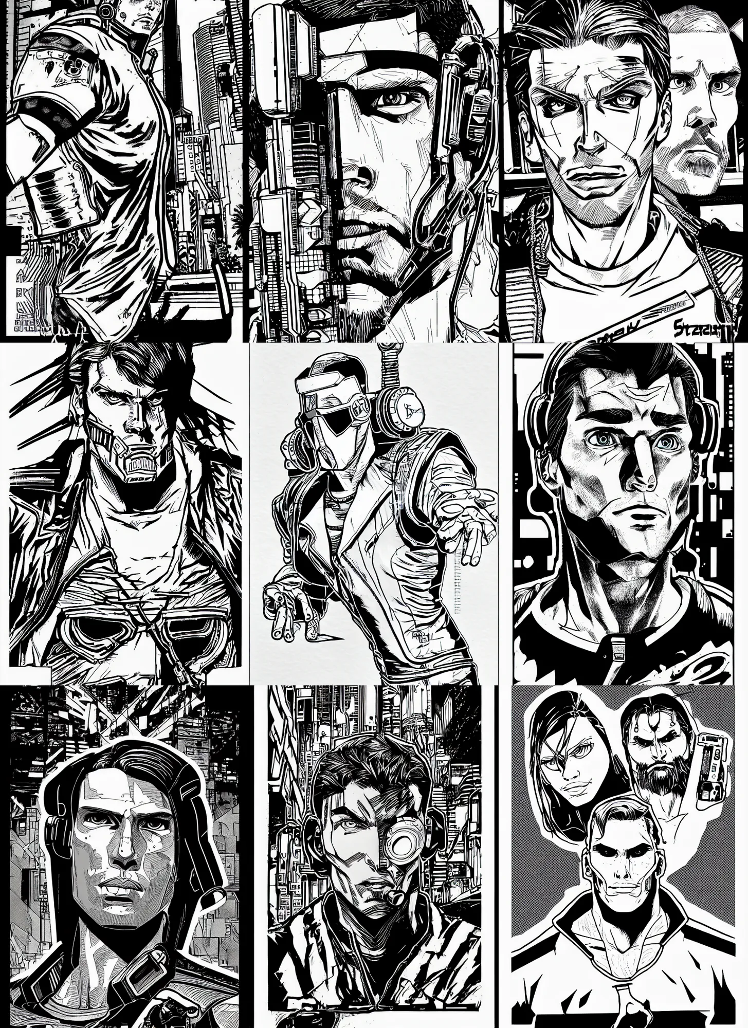 Prompt: jerma 9 8 5, portrait, cyberpunk 2 0 2 0 manual, by steampoweredmikej, inktober, ink drawing, black and white, coloring pages, manga, highly detailed