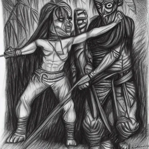 Prompt: The mummy touches the warrior's head , in jungle, pencil drawing