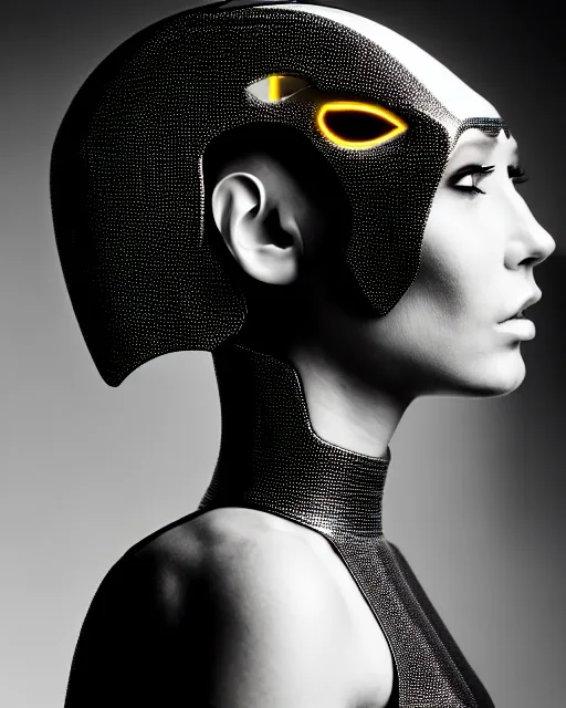 Image similar to a profile portrait, a stunning young woman - cyborg with a mutant crow head, editorial photography, bw, shot on 7 0 mm, depth of field, f / 2. 8, high contrast, 1 6 k, volumetric lighting, shiny, insanely detailed and intricate, hypermaximalist, elegant, ornate, hyper realistic, super detailed