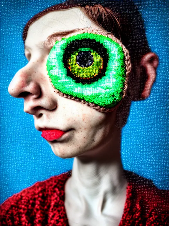 Image similar to a close up of a person with a weird looking eye, a character portrait by alexander jansson, featured on cg society, pop surrealism, made of beads and yarn, studio portrait, fisheye lens