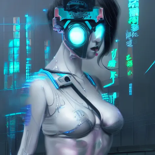 Image similar to a cyberpunk robot geisha sorceress, warcore, sharp focus, detailed, artstation, concept art, 3 d + digital art, wlop style, biopunk, neon colors, futuristic, neon noire, moody, d & d