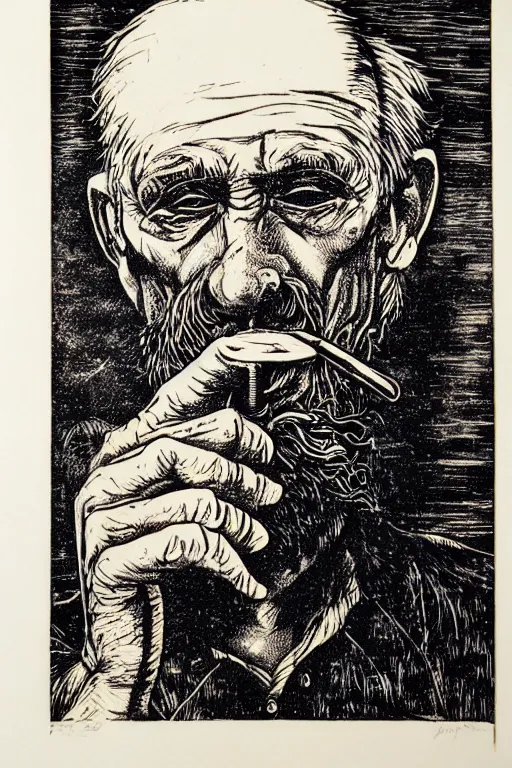 Image similar to a beautiful woodcut print of an old man smoking a pipe, 8 k, frostbite 3 engine, cryengine, dof, trending on artstation, digital art, crepuscular ray, art by roy l davies and tugboat printshop