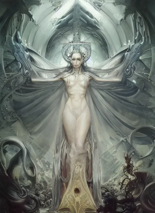 Image similar to album art priest casting divine quest spell, physically accurate, moody dynamic lighting, very very intricate, very very elegant, highly detailed, digital painting, artstation, HR GIGER, Hieronymus Bosch, Francis Bacon, concept art, smooth, very beautiful, sharp focus, illustration, art by artgerm and greg rutkowski and alphonse mucha