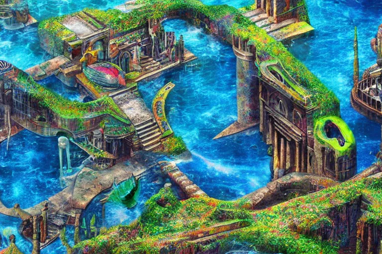 Image similar to lost city of atlantis, hyper realism, colorful, 8 k, realistic, psychedelic