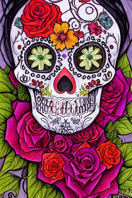 Prompt: Illustration of a sugar skull day of the dead girl, art by james gurney