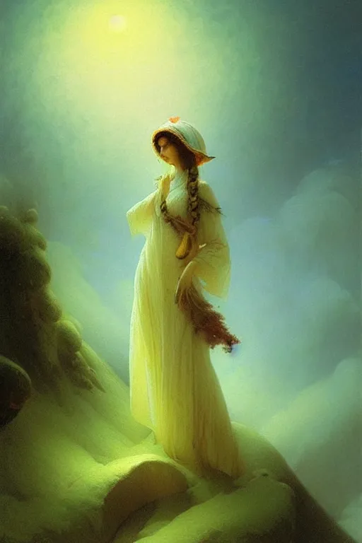 Image similar to illustration of a beautiful fungal priestess, hyperrealistic art by Ivan Aivazovsky