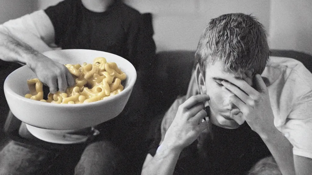 Image similar to mac and cheese soldierly portrait of a sad young dude 1 8 years old