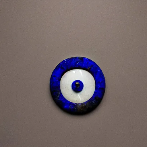 Image similar to medium - shot museum photo of sculpture of a stone eye, thick lapis lazuli, the white limestone sclera, the black stone pupil, studio lighting, professional, promo,