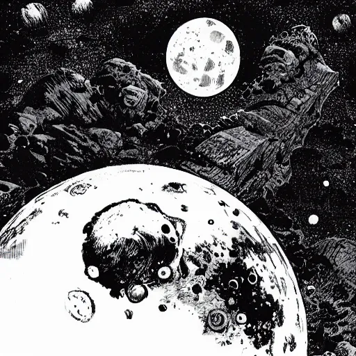 Image similar to a farm on the moon, earth seen in the distance by mike deodato, macabre