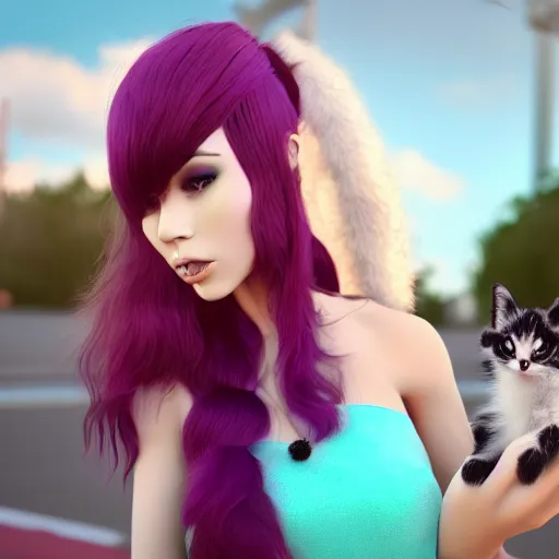 Prompt: Full body photo of a beautiful girl with long purplish red hair standing at the bus stop, wearing a puffed Turquoise dress and high heels, holding a white fluffy kitten, hyperrealistic, highly detailed, highly focused, depth of field, High definition, 8k, octane render, artstation