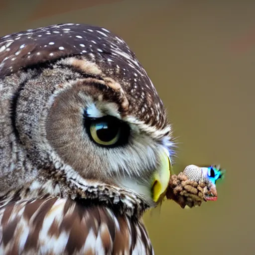 Prompt: scenic photo of an owl catching a mouse. focus on the owl's beak and eye. intricate eye. extremely large wings. extreme detail, hyperrealistic photo