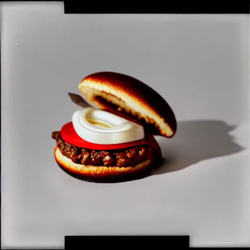 Image similar to a LEGO hamburger, photograph in a dark room, low light 35mm