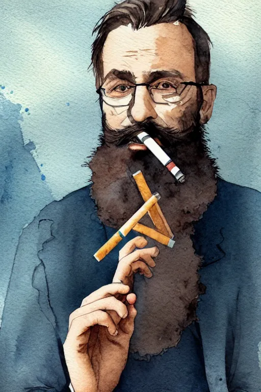 Image similar to portrait of a middle - aged writer with a beard, he is smoking a cigarette, watercolor style of greg rutkowski