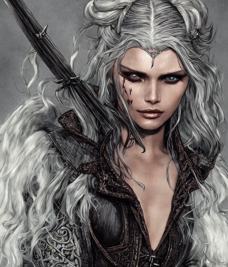 Prompt: Abbey Lee as Ciri from The Witcher, intricate, elegant, highly detailed, smooth, sharp focus, detailed face, high contrast, dramatic lighting, graphic novel, art by Ardian Syaf and Pepe Larraz,
