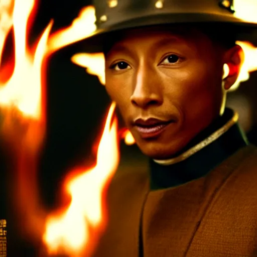 Image similar to cinematic film still Pharrell Williams starring as a Samurai holding fire, Japanese CGI, VFX, 2003, 40mm lens, shallow depth of field,film photography