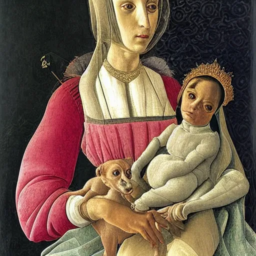 Prompt: portrait of an italian greyhound as an italian queen, holding a small person in her lap, painting by sandro botticelli