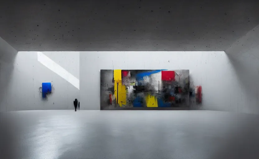 Image similar to painting of interior shot of a white concerete brutalist contemporary art museum with abstract colourful paintings hanging on the wall by darek zabrocki and greg ruthkowski, cinematic and cold atmospheric, archillect concept art, artstation, trending on artstation