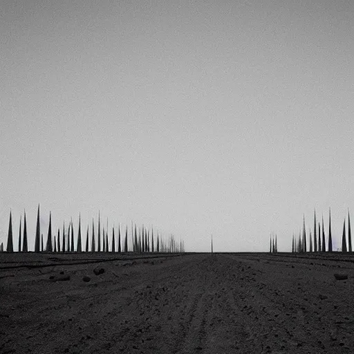 Prompt: radioactive spike field, monolithic stone spikes, creepy monotone black and white lighting, post nuclear fallout, desolate, no life, high resolution, old photo,