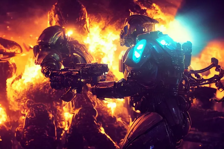 Prompt: VFX movie of a futuristic inhuman alien spacemarines in future spaceship, firing gun at space pirates detailed creature skin neon lighting combat by Michael Bay