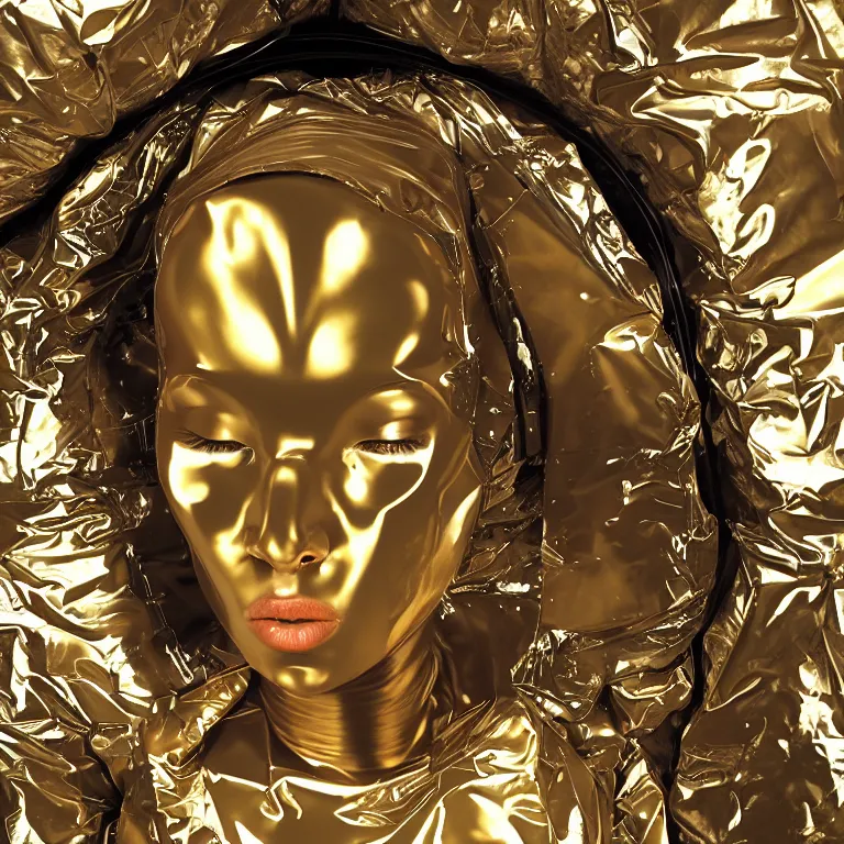 Prompt: octane render portrait by wayne barlow and carlo crivelli and glenn fabry, subject is a woman covered in folded aluminum foil space suit with a colorful metallic space helmet, floating inside a futuristic black and gold space station, cinema 4 d, ray traced lighting, very short depth of field, bokeh