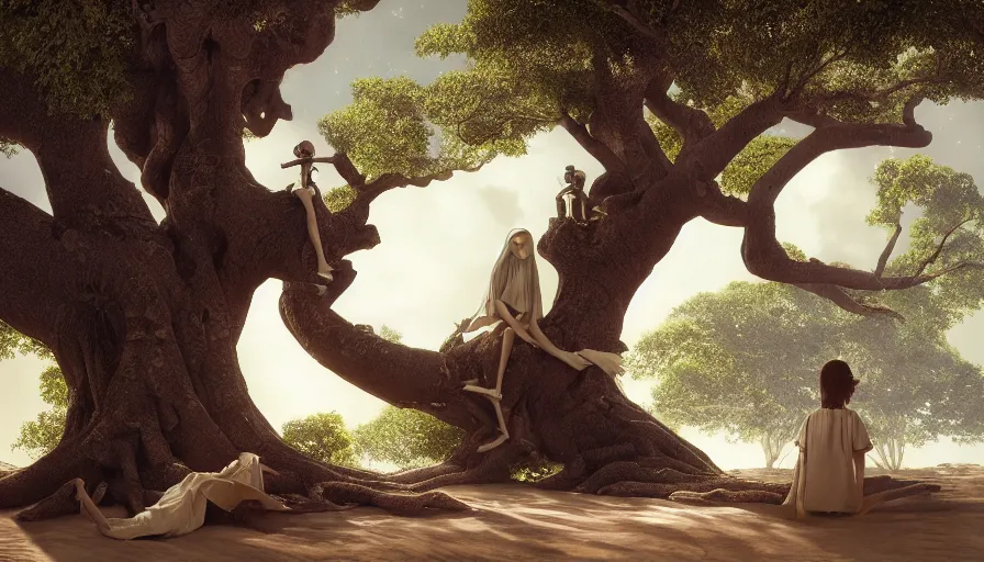 Image similar to very very small mannequin robot, sitting on a gigantic banyan tree in moonlit socotra island by ilya kuvshinov, starry night, rtx rendering, octane render 1 2 8 k, maya, extreme high intricate details by tom bagshaw, medium shot, close up shot, composition by sana takeda, lighting by greg rutkowski