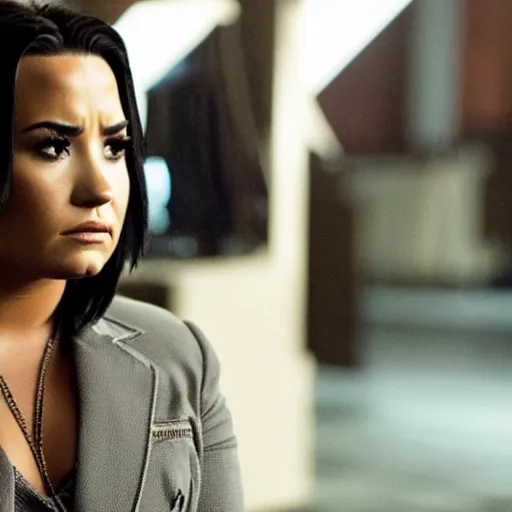 Image similar to close-up of Demi Lovato as a detective in a movie directed by Christopher Nolan, movie still frame, promotional image, imax 70 mm footage