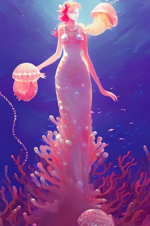 Prompt: a beautiful queen of ocean in the middle of coral reefs, pearl crystal jewelry, complex and shiny dress inspired by jellyfish, by ross tran and atey ghailan, by greg rutkowski, by greg tocchini, by james gilleard, by joe fenton, by kaethe butcher, dynamic lighting, grunge aesthetic