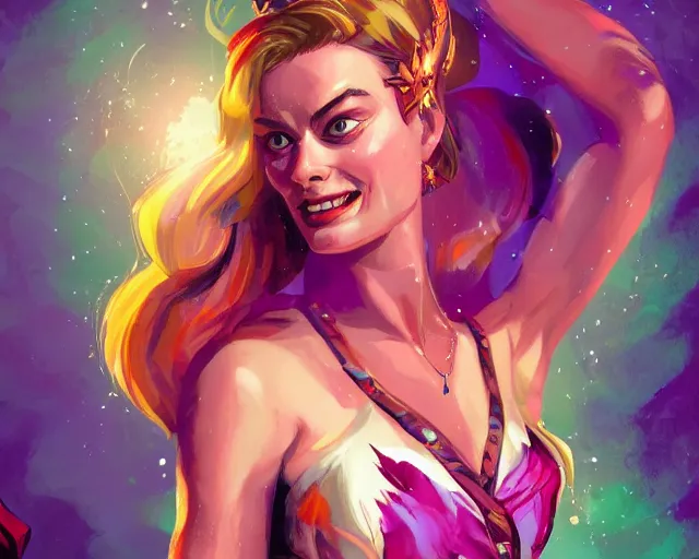 Image similar to margot robbie as a strong fantasy magician who does magic, colorful spells, fantasy art, in the style of Fernando Juarez, illustration, epic art, fantasy, intricate, elgant, amazing detail, digital painting, artstation, concept art, smooth, sharp focus