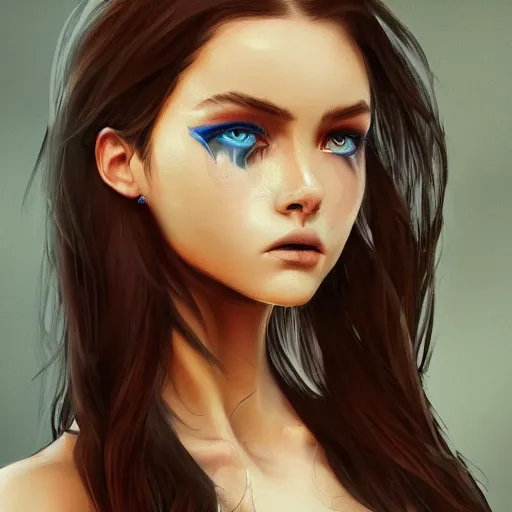 Prompt: a girl wearing a crop top, dark hair, blue eyes, highly detailed, digital painting, artstation, concept art, smooth, sharp focus, illustration