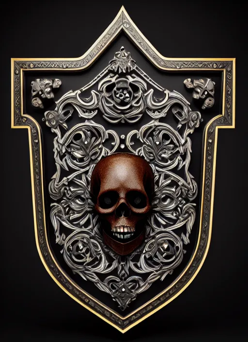 Image similar to black background, a beautiful symmetrical skull on a wooden shield, front facing view, mirrored, ornamental art, octane render, royal shield