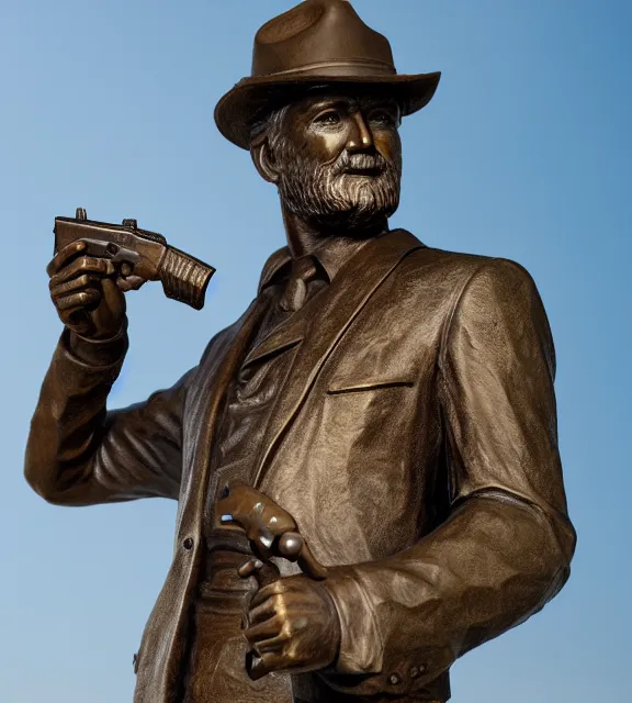 Prompt: a 4 k photorealistic photo medium shot of a bronze statue of a man wearing a fedora holding one revolver in each hand.
