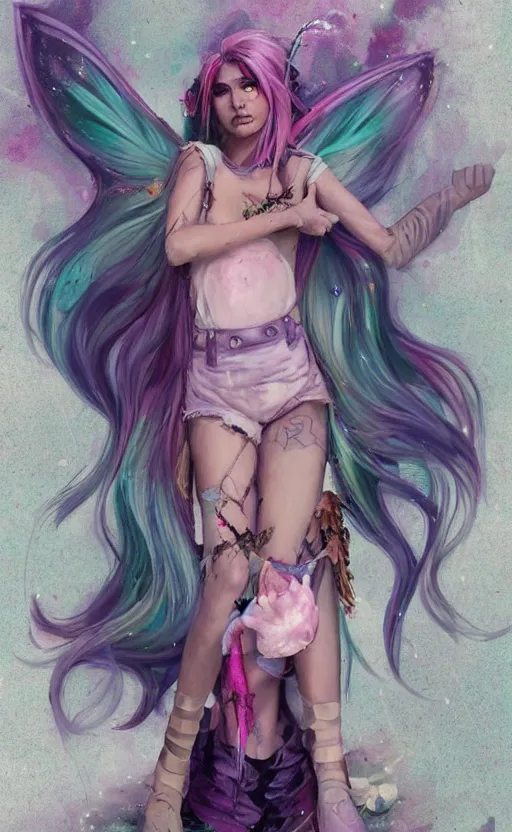 Prompt: a grungy fairy woman with rainbow hair, drunk, angry, soft eyes and narrow chin, dainty figure, long hair straight down, torn overalls, basic white background, side boob, symmetrical, single person, style of by Jordan Grimmer and greg rutkowski, crisp lines and color,